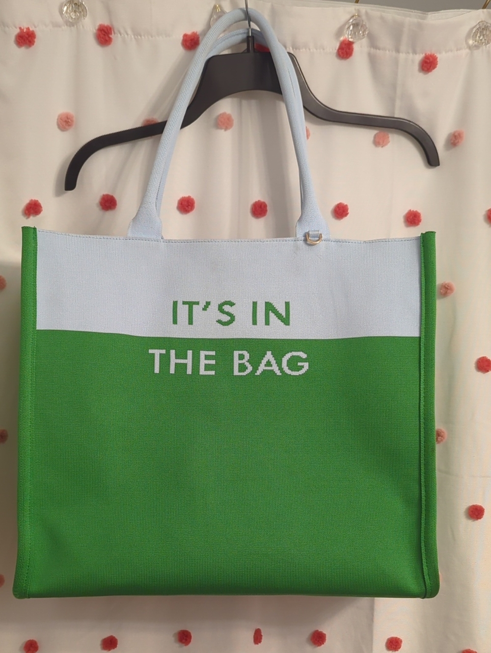 kate spade Green and White Canvas Tote with "IT'S IN THE BAG" Print
